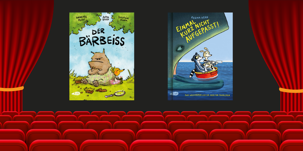 Eine Kinoleinwand mit roten Vorhängen und Sitzen. Auf der Leinwand sind die Comic-Cover "Der Bärbeiß" und "Einmal kurz nicht aufgepasst"