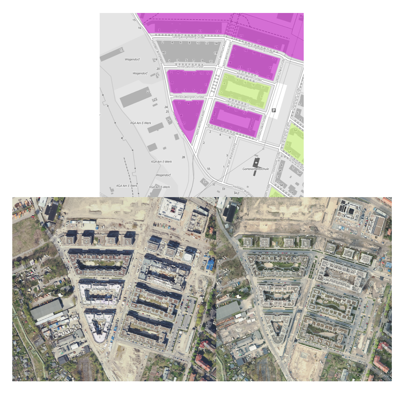 Abb. 4: Zunahme der Einwohnerdichte (Ew/ha) um mehr als 640, mehr als 560 und knapp 430 Personen in drei Wohnblöcken zwischen 2021 und 2022 durch Neubaumaßnahmen in der Parkstadt Karlshorst (Bild: Quelle der Luftbilder: Geoportal Berlin)