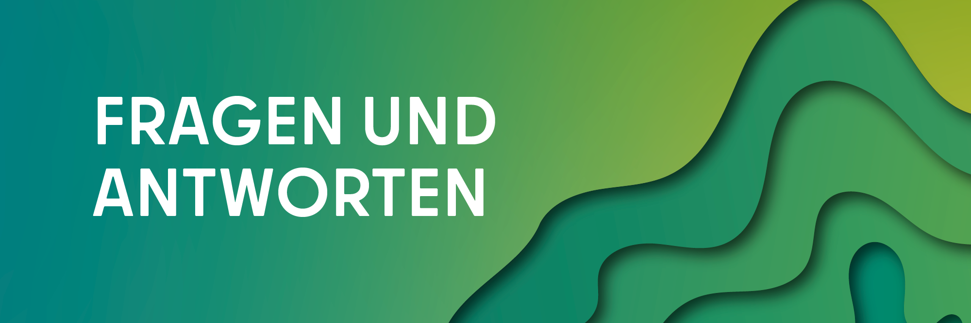 Grüner Farbverlauf mit organischen Schichten rechts, Text "Fragen und Antworten" links in Weiß.