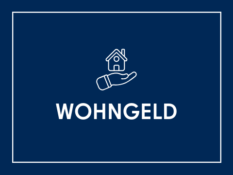 Kachel Schriftzug "Wohngeld", weiße Schrift auf dunkelblauem Hintergrund. Symbol: Hand schützend unter Haus