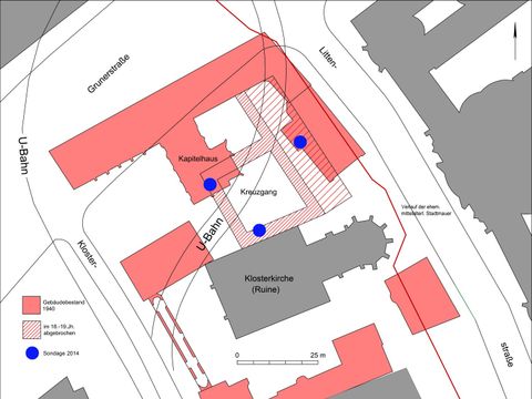 Lage des Grauen Klosters (Gebäudebestand 1940) im heutigen Straßenverlauf mit Eintragung der Sondagen 2014 (Bild: Landesdenkmalamt Berlin, Gunnar Nath)