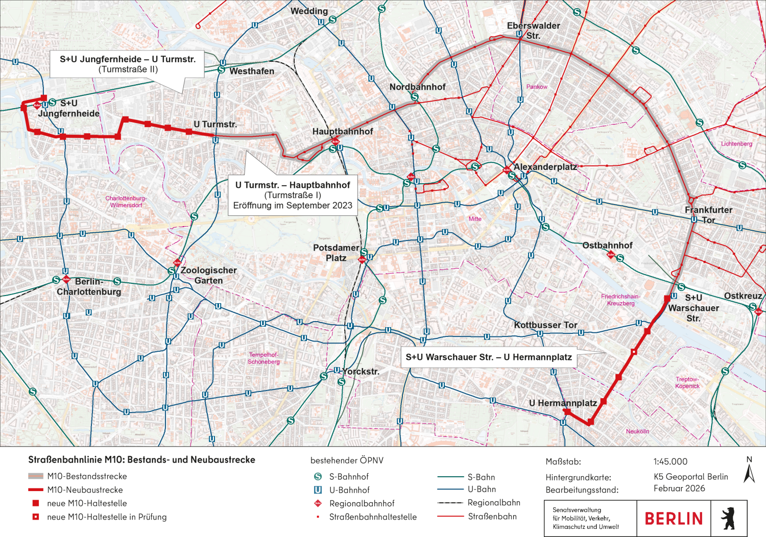 Abbildung 2: Geplante Linienführung der Straßenbahnstrecke M10 – Verbindung vom Hermannplatz bis Jungfernheide