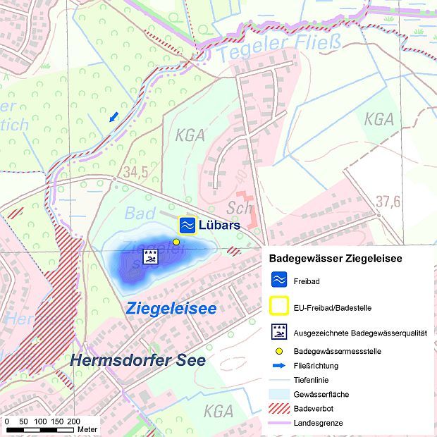 Abb. 1: Übersicht des Badegewässers Ziegeleisee mit EU-Badestelle und Probenahmestelle. Quelle: FIS-Broker WMS-Service SenStadt Berlin: Digitale Topographische Karte 1:25.000 (DTK25)
