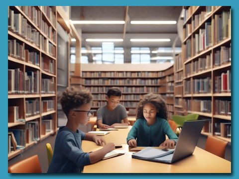 KI generiertes Bild einer Bibliothek mit Kindern an Tischen