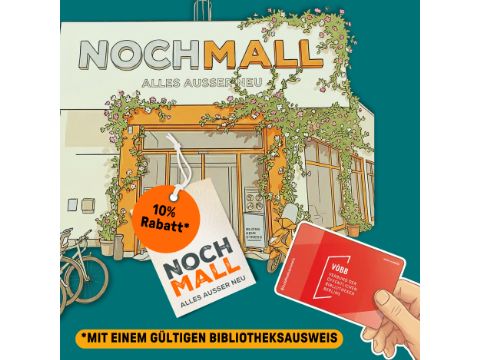 Grafik mit dem Eingang der NochMall und einer Hand, die einen Bibliotheksausweis hällt