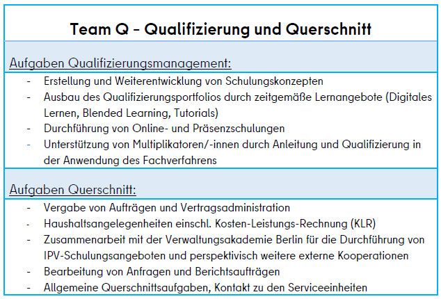 Tabellarische Darstellung der Tätigkeiten des Teams Q des DS IPV / SSC