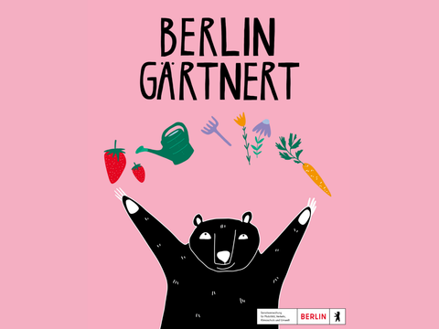 Ein gezeichneter Bär streckt die Pfoten in die Luft, über ihm steht der Schriftzug "Berlin gärtnert"