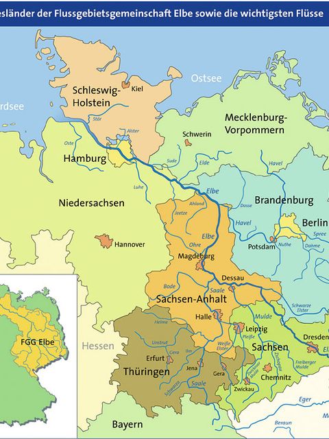Die Bundesländer der Flussgebietsgemeinschaft Elbe sowie die wichtigsten Flüsse (Bild: FGG Elbe)