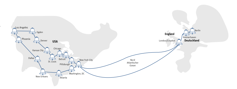 Grafik mit den Umrissen zweier Kontinente mit einem eigezeichneten Weg