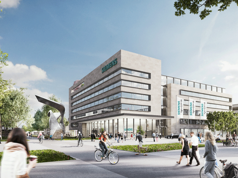 Gebäude von Siemens mit Menschen zu Fuß und auf dem Fahrrad davor