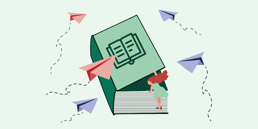 Das Bild zeigt eine Illustration einer jungen Frau, die ein großes, aufgeschlagenes Buch hochklettert. Über ihr fliegen Papierflugzeuge in verschiedenen Farben. Das Buch ist grün und symbolisiert Wissen und die Dokumentation der verschiedenen Vorhaben im Bezirk. Die Papierflugzeuge, von denen drei lila und eines rot sind, stehen für Ideen und Projekte, die umgesetzt werden sollen. Sie fliegen in verschiedene Richtungen, was darauf hinweist, dass verschiedene Projekte in unterschiedlichen Phasen und Bereichen des Bezirks stattfinden. Dieses Bild vermittelt den Eindruck, dass es viele Vorhaben im Bezirk gibt und Bürger_innen diese Vorhaben verfolgen und sich darüber informieren können.