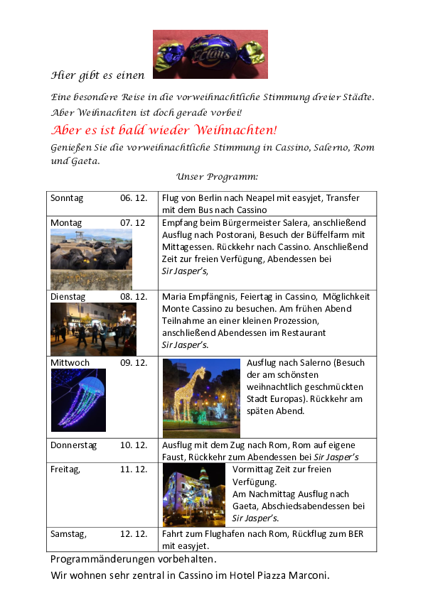 Programm der vorweihnachtlichen Bürgerreise nach Italien
