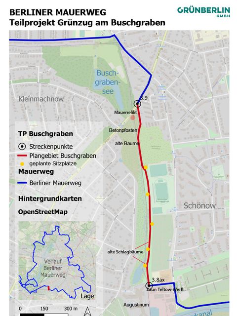 Karte des Berliner Mauerwegs: Teilprojekt Grünzug am Buschgraben mit geplanten Erneuerungen und Streckenpunkten. (Bild: Grün Berlin GmbH)
