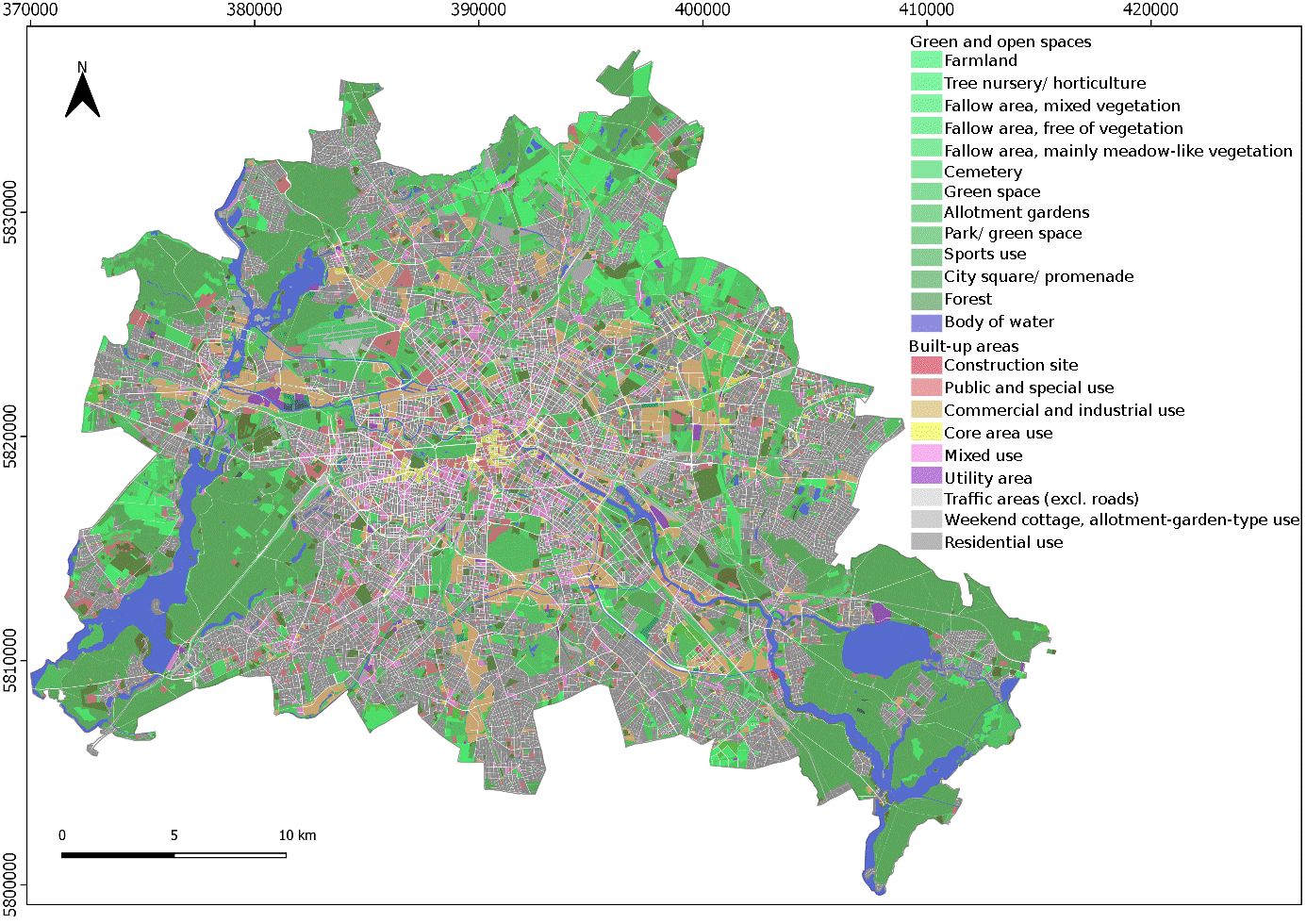 Fig. 4: Representation of land use in Berlin from Matthée (2021), based on Map 06.01 Actual Use of Built-up Areas 2015 (Image: Mathée H. K. 2021)