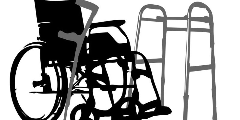 Schwarz-weiß-Illustration Rollstuhl, Krücke und Gehhilfe