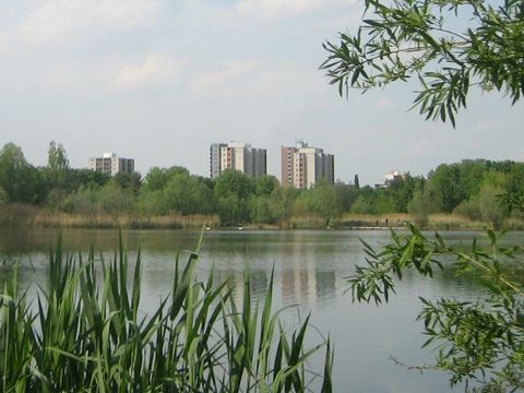 Blick über den Spektesee zum Wohngebiet Falkenhagener Feld