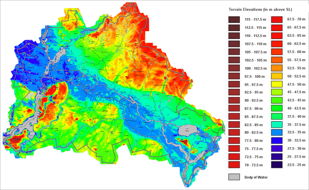 Fig. 6: Terrain elevations, Berlin (SenStadtUm 2010) (Image: Umweltatlas Berlin)