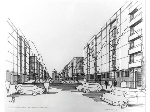 Vorschlag zur Umgestaltung der Rykestraße aus einem Entwurfsseminar des Bauhaus Dessau, Mai 1988 (Bild: Quelle: IRS Erkner, Wissenschaftliche Sammlung)