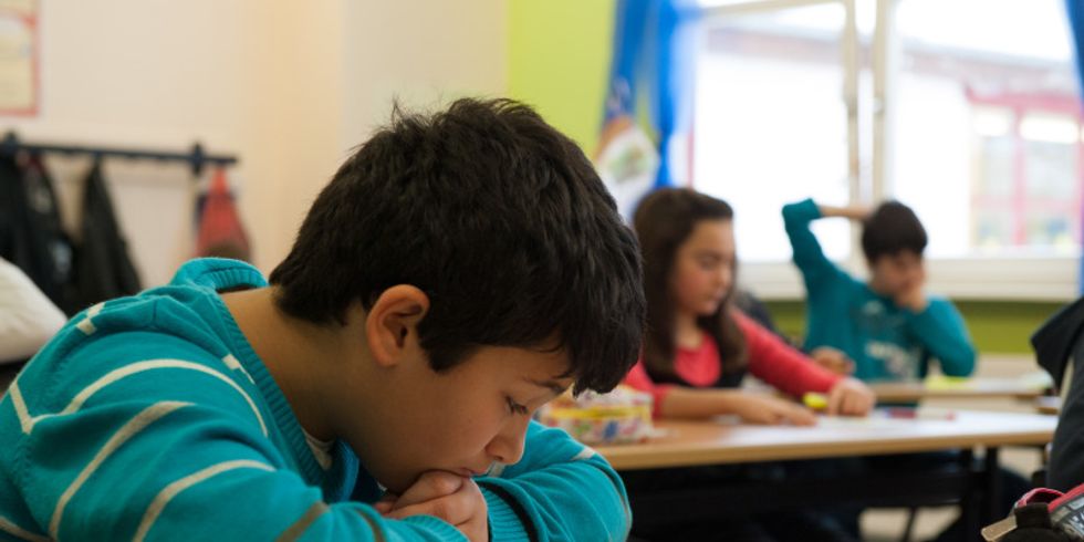 Schüler liest im Schulbuch