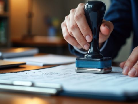 Hand stempelt ein Blatt mit einem Stempel