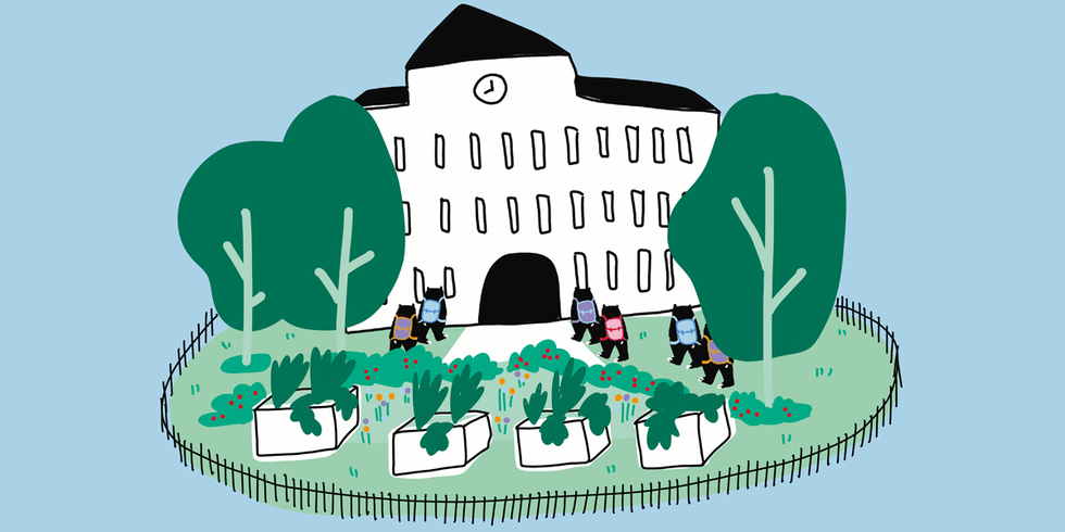 Zeichnung einer Schule mit vielen Hochbeeten und kleinen Bären