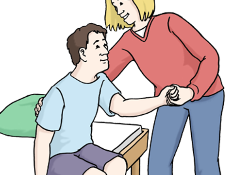 Illustration einer Frau, die einem Mann aus dem Bett hilft