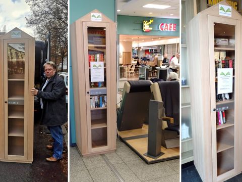 Mit großem persönlichem Engagement dabei: Ehrenvorsitzender Dr. Klaus Ulbricht und Vorstandsmitglied Ralf Thies bei der Auslieferung der Bücherzellen sowie die Aufstellorte in Schöneweide und Friedrichshagen