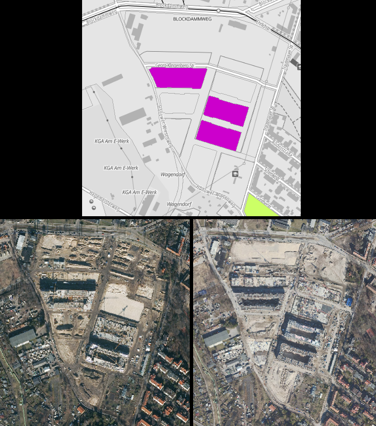 Abb. 4: Zunahme der Einwohnerdichte (Ew/ha) um mehr als 640, mehr als 560 und knapp 430 Personen in drei Wohnblöcken zwischen 2021 und 2022 durch Neubaumaßnahmen in der Parkstadt Karlshorst (Bild: Quelle der Luftbilder: Geoportal Berlin)