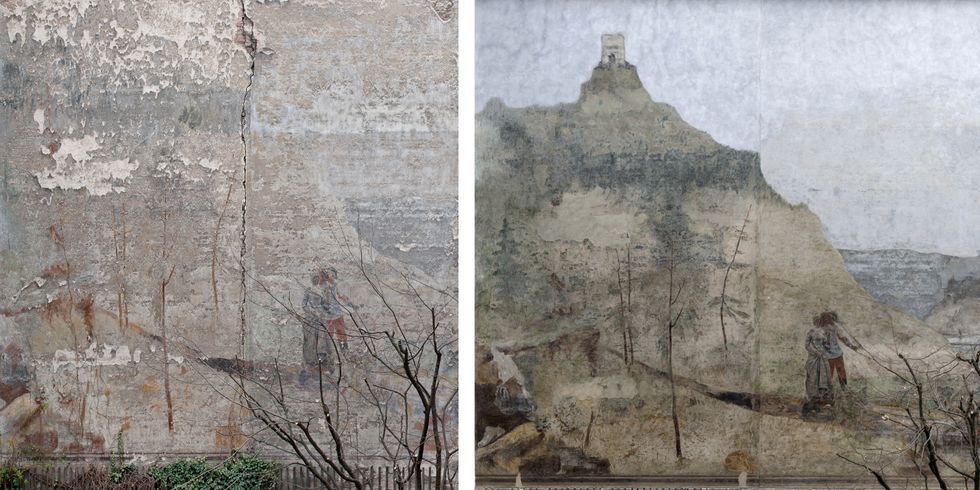 Wandbild in der Fichtestraße 2 vor und nach der Restaurierung