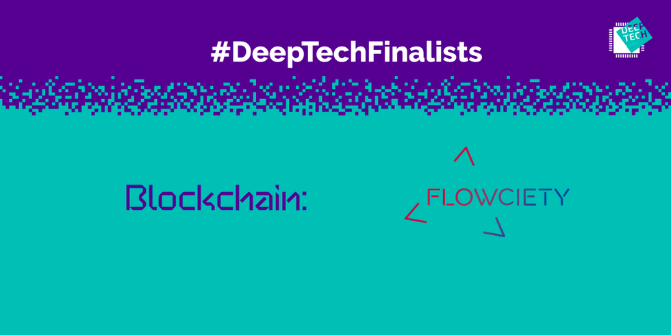 Logo von Flowciety mit Text auf türkisem-lila Hintergrund