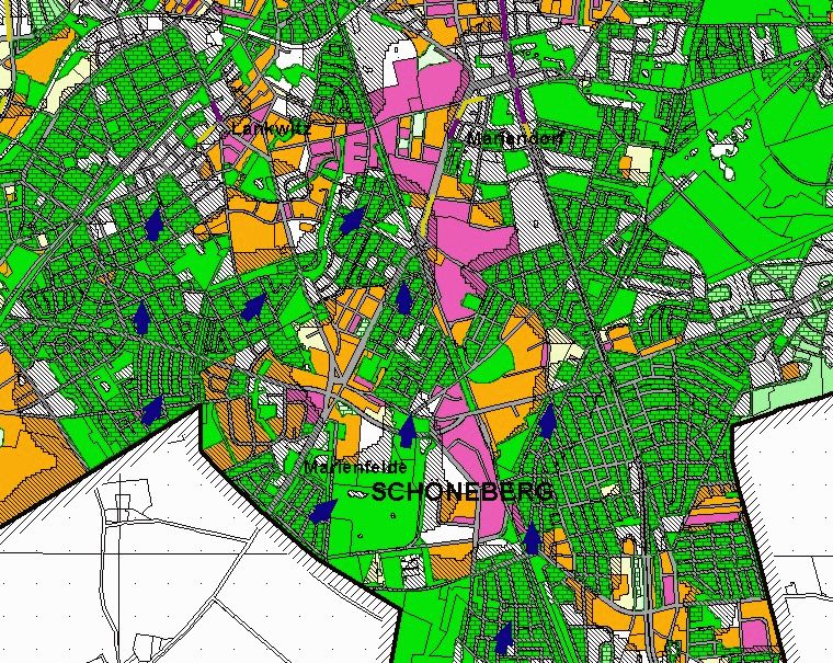 Beispiele lokaler bioklimatischer Belastungsbereiche außerhalb der Innenstadt, hier in den Ortsteilen Marienfelde/Mariendorf