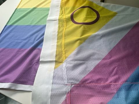 Die Progress Pride Flagge mit zusammengenähten Rissen.