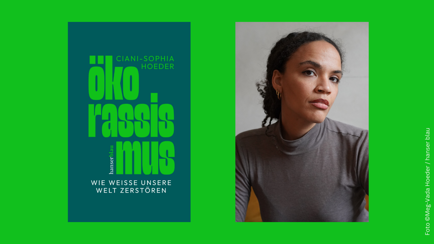 Buchcover und Portrait der Autorin vor grünem Hintergrund