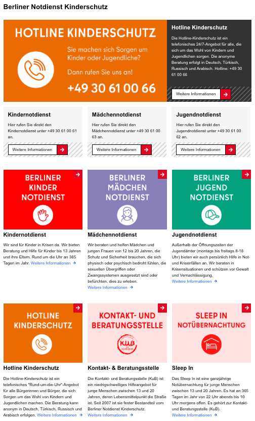 Startseite des Berliner Notdienst Kinderschutz