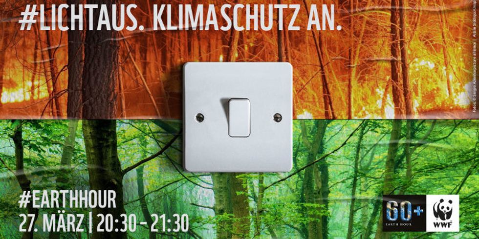 Banner zur EarthHour 2021 - gesunder Wald vs brennender Wald