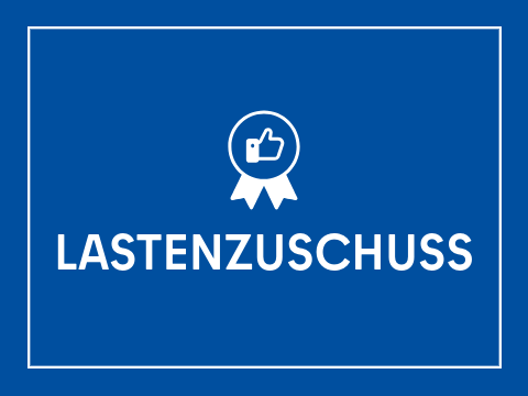 Kachel Schriftzug "Lastenzuschuss", weiße Schrift auf blauem Hintergrund. Symbol: Rosette mit "Daumen Hoch"-Zeichen