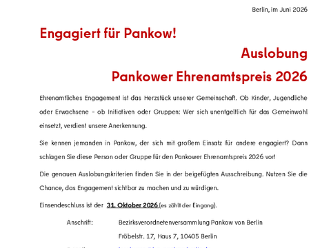 Auslobungsunterlage Pankower Ehrenamtspreis 2026, Frist 31.10.2026
