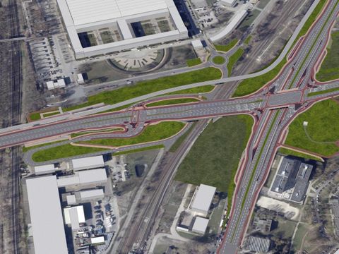 Luftaufnahme des "Marzahner Verkehrsknoten" mit überlagterten Zeichnungen oder Visualisierungen der erneuerten Verkehrsführung.