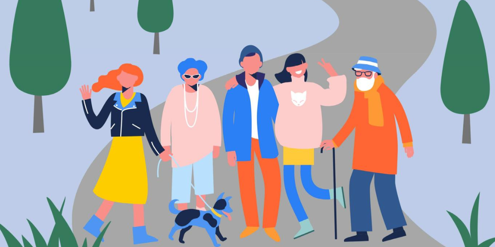 Bunte Grafik zum Spaziergangsmonat Mai: Das Bild zeigt diverse Figuren (Frau mit Hund, Seniorin, junges Paar, älterer Herr mit Gehstock) auf einem angedeuteten Spazierweg. Der Hintergrund ist bläulich gehalten, vereinzelt sind Bäume zu sehen.