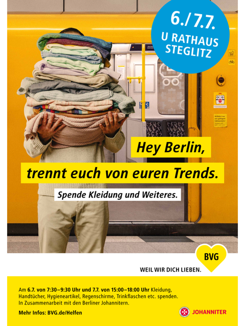 Plakat "Spende Kleidung und Weiteres" (Bild: © 2026 Berliner Verkehrsbetriebe)