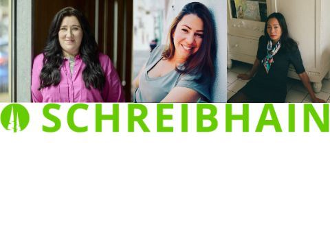 v.l.n.r. Lena Schätte, Yasemin Sen, Ta-Som Helena Yun, darunter das Logo Autorenschule Schreibhain