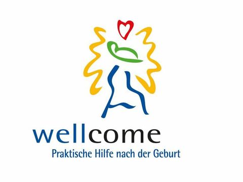 Logo mit buntem skizzierten Engel und dem Slogan wellcome, praktische Hilfe nach der Geburt