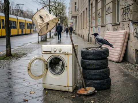 Stadtsauberkeit: Komposition der Motive mit Waschmaschine, Lampe, Reifen-Set und Matratze