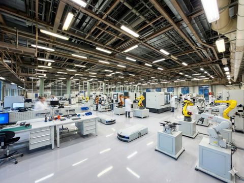 Halle mit arbeitenden und fahrenden Robotern und Menschen