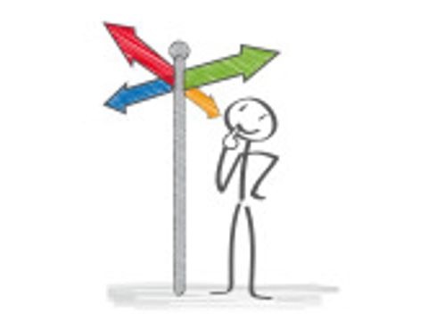 Strichfigur steht vor einem Wegweiser mit vier Richtungsmoeglichkeiten