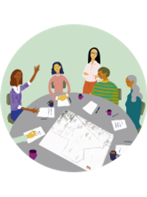 Zeichnung wie fünf Frauen am runden Tisch diskutieren.