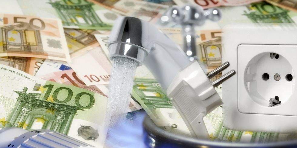 Collage: Geld, Steckdose, Wasserhahn