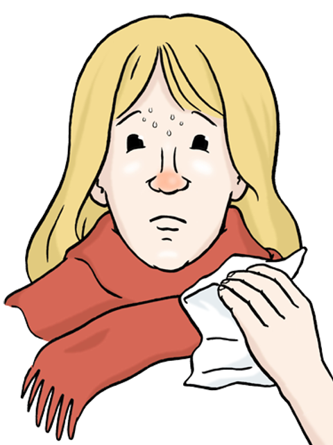 Illustration einer Frau die Fieber hat und krank ist