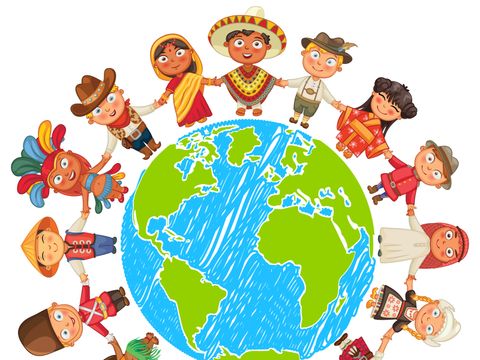 Gezeichnete Multikulturellen Charaktere umringen Hand in Hand die Erde