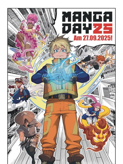 mehrere Manga-Motive mit Jungen im Zentrum, der blauen Lichtball in der Hand hält